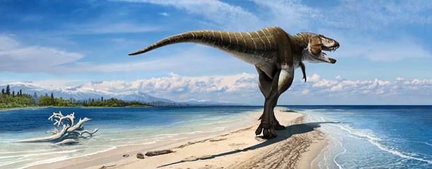 Ilustração mostra o dinossauro Lythronax argestes, considerado o "tio-avô" do T-Rex (Foto: Museu de História Natural da Utah/Audrey Atuchin/AP)